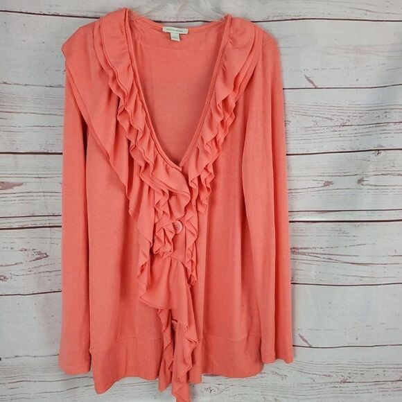 Boston Proper V-Neck Ruffle Button Front Cardigan Sweater Large - Picture 1 of 7